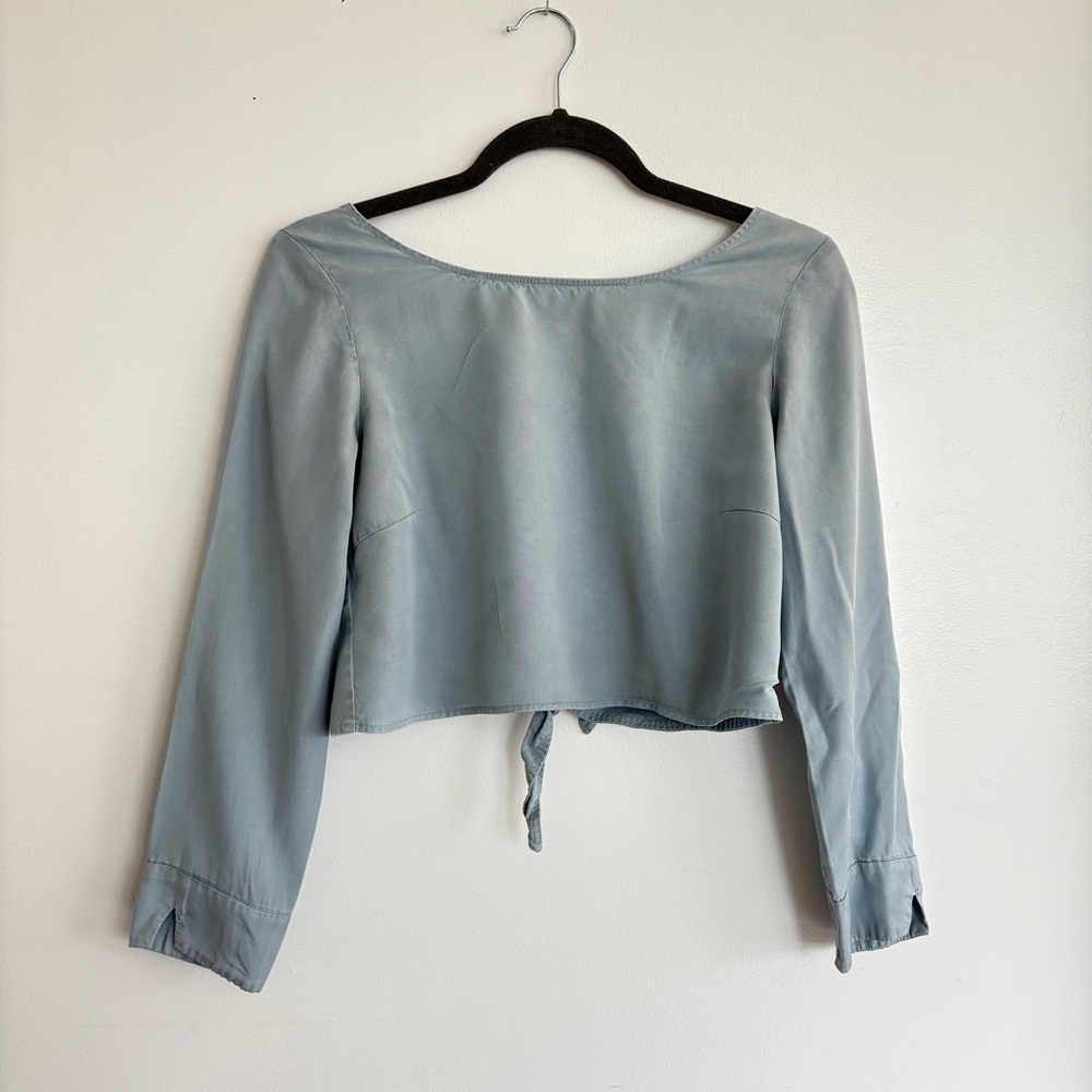 Zara Blue 3/4 Sleeve Crop Blouse with Tie Front